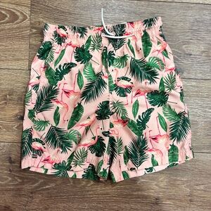 Old Navy Pink Flamingo and Green Leaf Swim Trunks